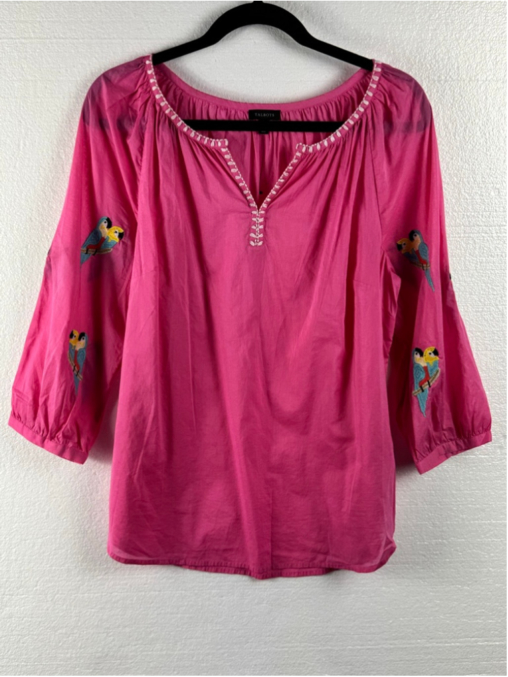 NWOT Talbots Pink Parrot Embellished Voile Popover Embroidered Blouse Sz Medium